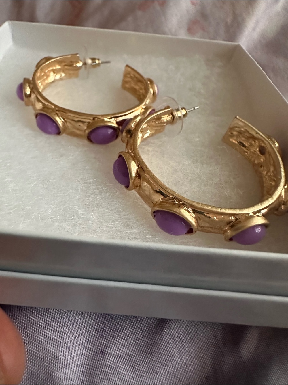 Gold Hoop Earrings with Purple Cabochon Accents